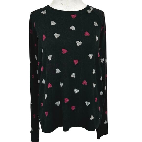 Lucky Brand Sweaters - Lucky Brand Heart Print Fuzzy Sweater Womens Large Black Pink NWT Cozy Soft
